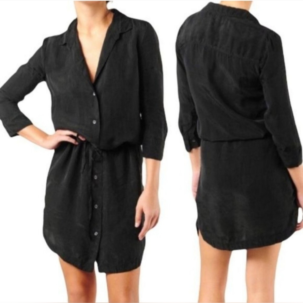 James Perse Black Long Sleeve Dress. Sz. S Roll Tab Drawstring Waist